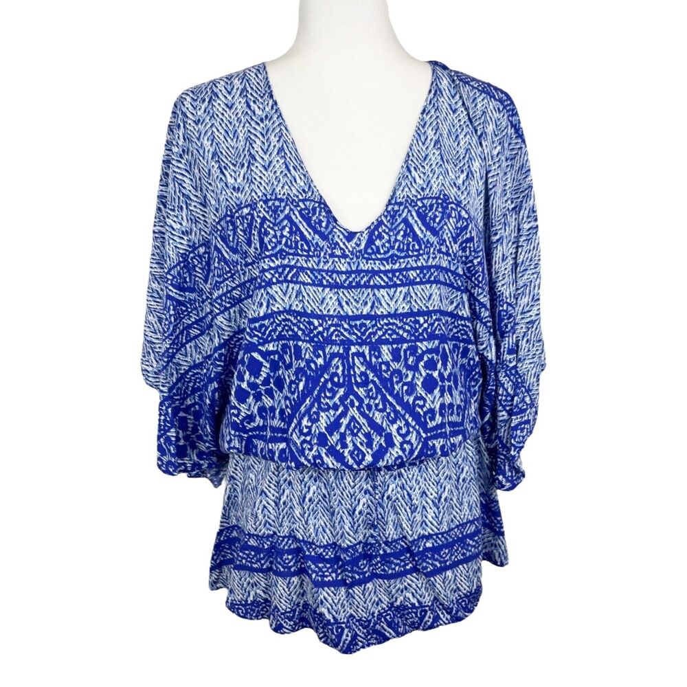 VIX Paul Hermanny Tunic Blouse Women Large Blue White Tropical Swim Fit Coverup